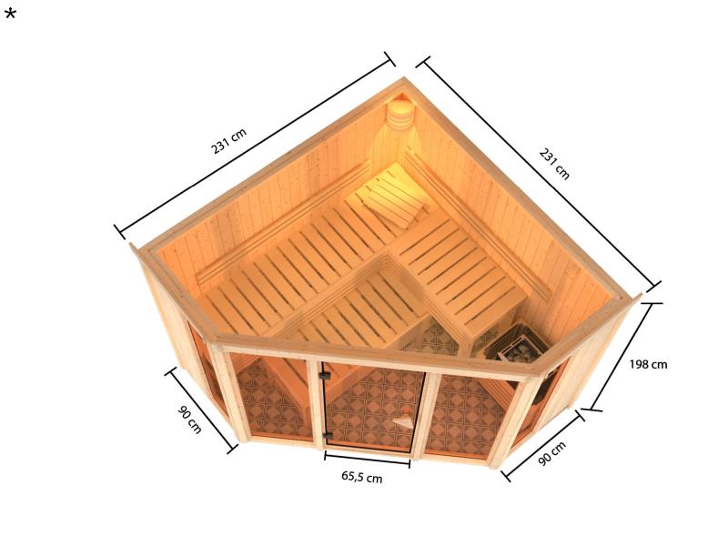 Karibu Sauna Alcinda mit 9 kW Bioofen Ext. Strg 68 mm