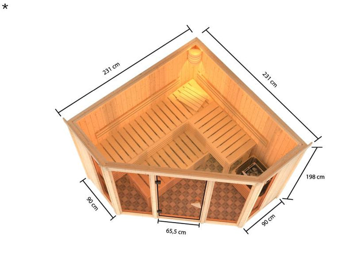Karibu Sauna Alcinda mit 9 kW Bioofen Ext. Strg 68 mm