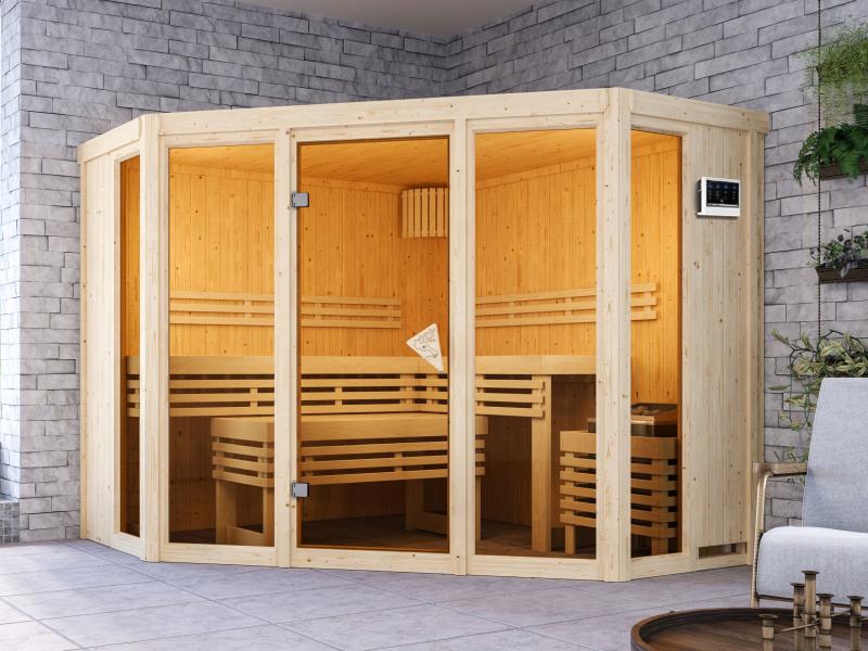 Karibu Sauna Alcinda mit 9 kW Bioofen Ext. Strg 68 mm