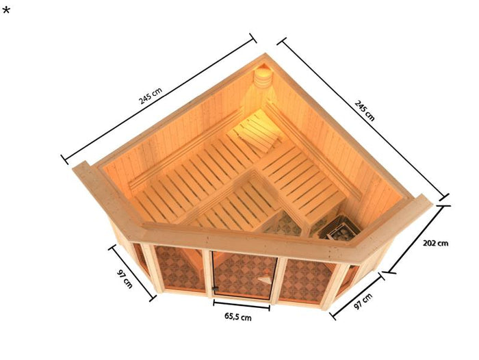 Karibu Sauna Alcinda mit Dachkranz- 9 kW Bioofen Ext. Strg 68 mm