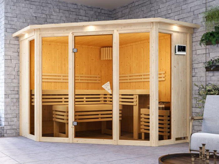 Karibu Sauna Alcinda mit Dachkranz- 9 kW Ofen Ext. Strg 68 mm