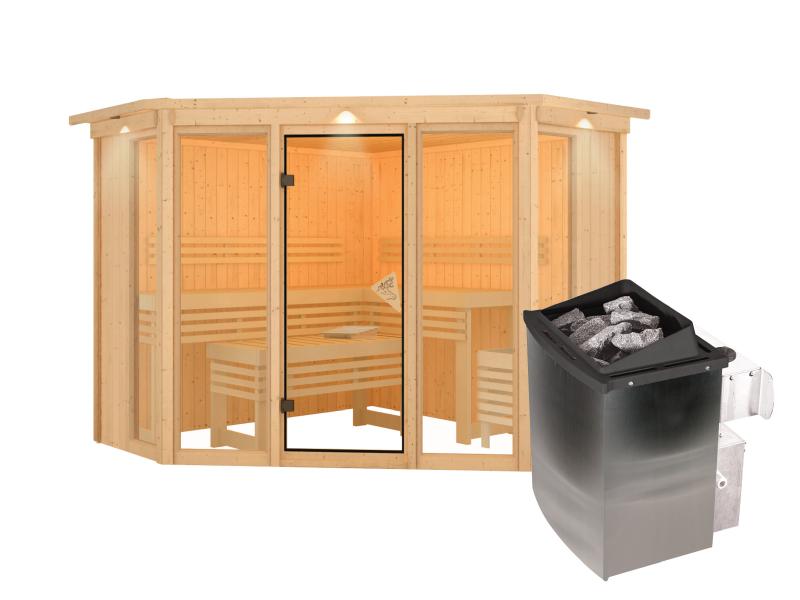 Karibu Sauna Alcinda mit Dachkranz- 9 kW Ofen Integr. Strg 68 mm