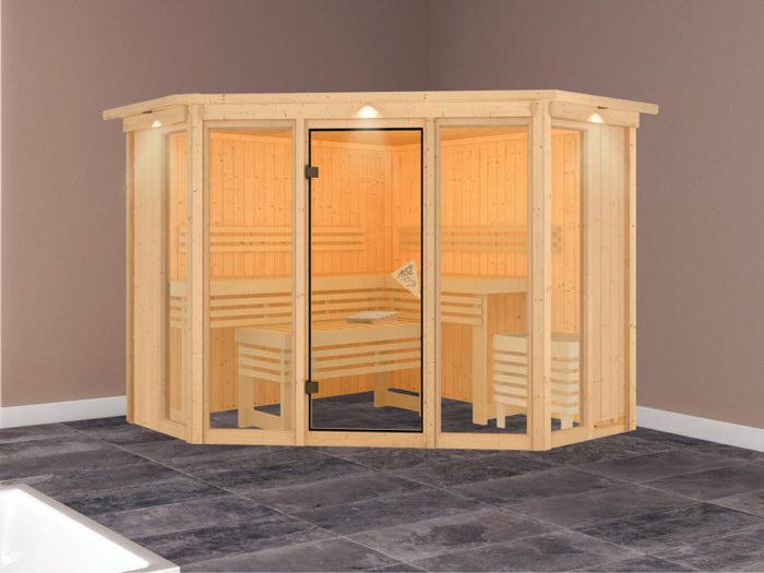 Karibu Sauna Alcinda mit Dachkranz- ohne Ofen 68 mm