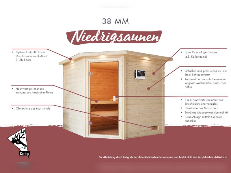 Karibu Sauna Antonia inkl. 9 kW Bioofen ext. Steuerung mit klassischer Saunatür -ohne Dachkranz-