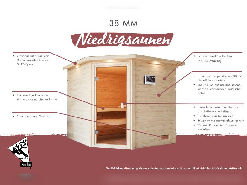 Karibu Sauna Antonia inkl. 9 kW Bioofen ext. Steuerung mit klassischer Saunatür -mit Dachkranz-