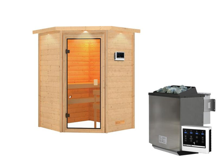 Karibu Sauna Antonia inkl. 9 kW Bioofen ext. Steuerung mit klassischer Saunatür -mit Dachkranz-