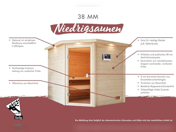 Karibu Sauna Antonia inkl. 9 kW Ofen ext. Steuerung mit klassischer Saunatür -ohne Dachkranz-