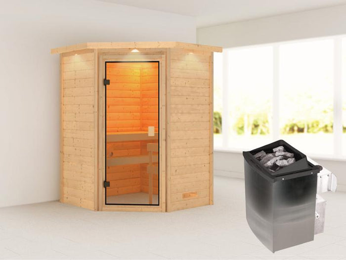 Karibu Sauna Antonia inkl. 9 kW Ofen integr. Steuerung mit klassischer Saunatür -mit Dachkranz-