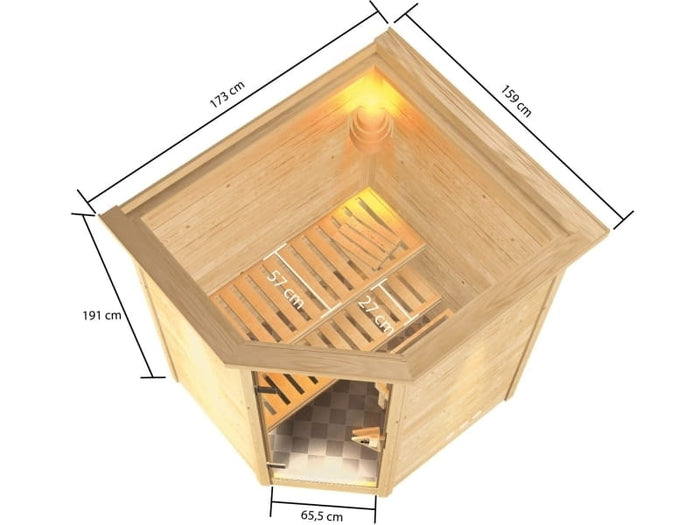 Karibu Sauna Antonia inkl. 9 kW Ofen integr. Steuerung mit klassischer Saunatür -mit Dachkranz-