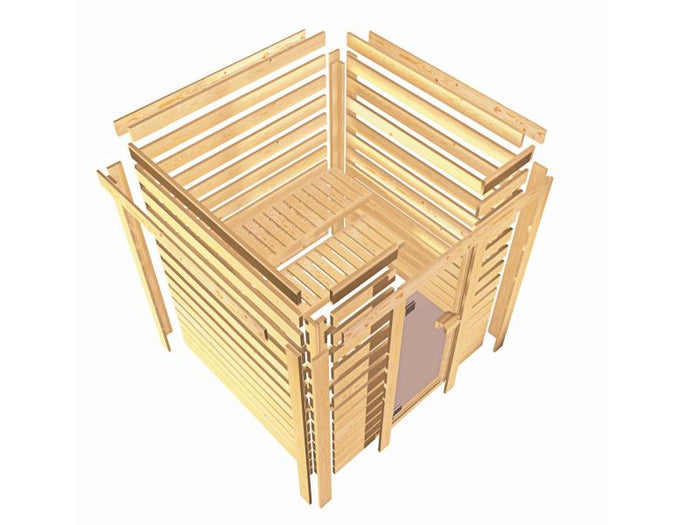 Karibu Sauna Antonia inkl. 9 kW Ofen integr. Steuerung mit klassischer Saunatür -mit Dachkranz-