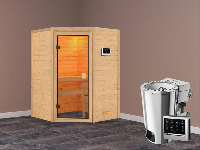 Karibu Sauna Antonia mit 3,6 kW Bioofen ext. Strg ohne Dachkranz 38 mm