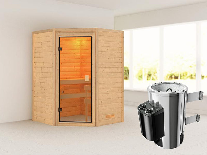 Karibu Sauna Antonia mit 3,6 kW Ofen integr. Strg ohne Dachkranz 38 mm