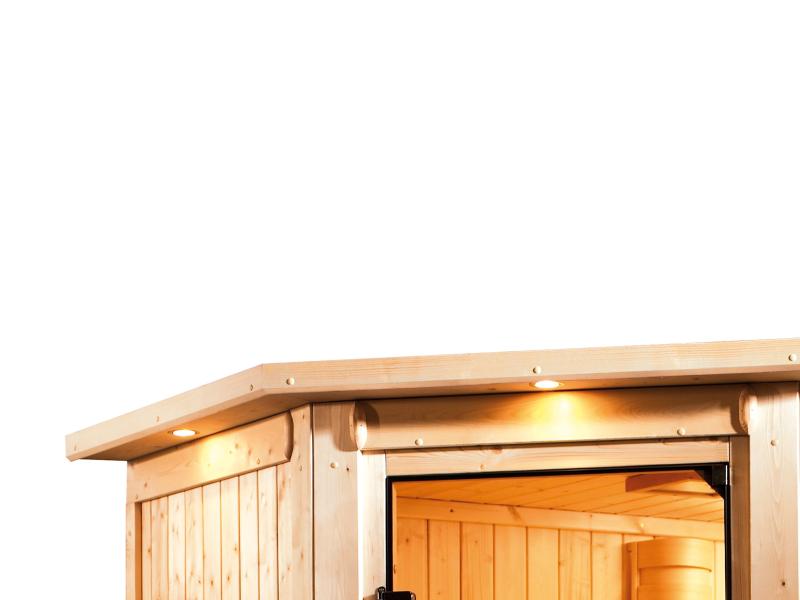 Karibu Sauna Askja 68 mm- 9 kW Bioofen ext.Strg- mit Dachkranz