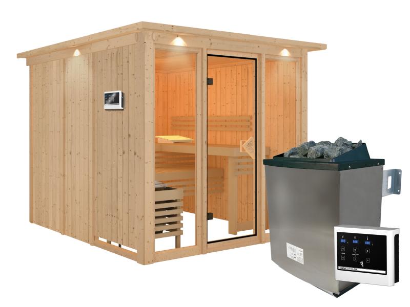 Karibu Sauna Askja 68 mm- 9 kW Ofen ext.Strg- mit Dachkranz
