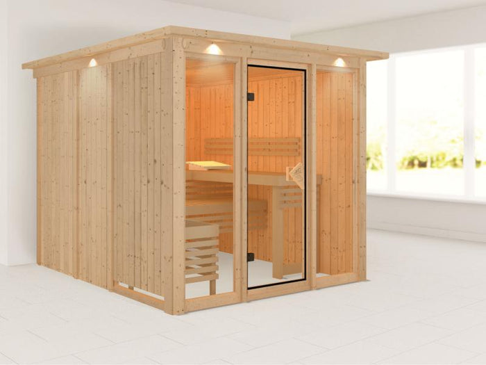 Karibu Sauna Askja Ohne Ofen- mit Dachkranz 68 mm