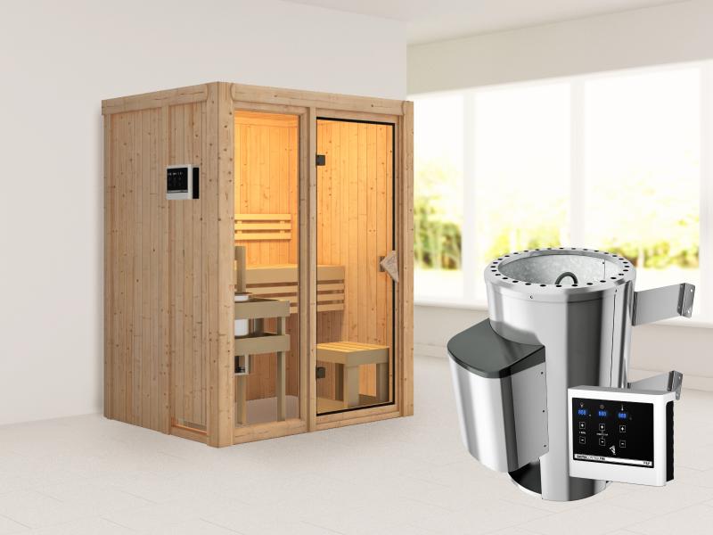 Karibu Sauna Avari 1 inkl. 3,6 kW Ofen externe Steuerung - ohne Dachkranz