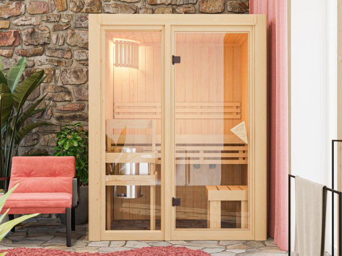 Karibu Sauna Avari 1 inkl. 3,6 kW Ofen intgr. Steuerung - ohne Dachkranz