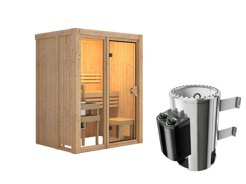 Karibu Sauna Avari 1 inkl. 3,6 kW Ofen intgr. Steuerung - ohne Dachkranz