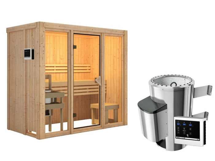 Karibu Sauna Avari 2 inkl. 3,6 kW Ofen ext. Steuerung - ohne Dachkranz