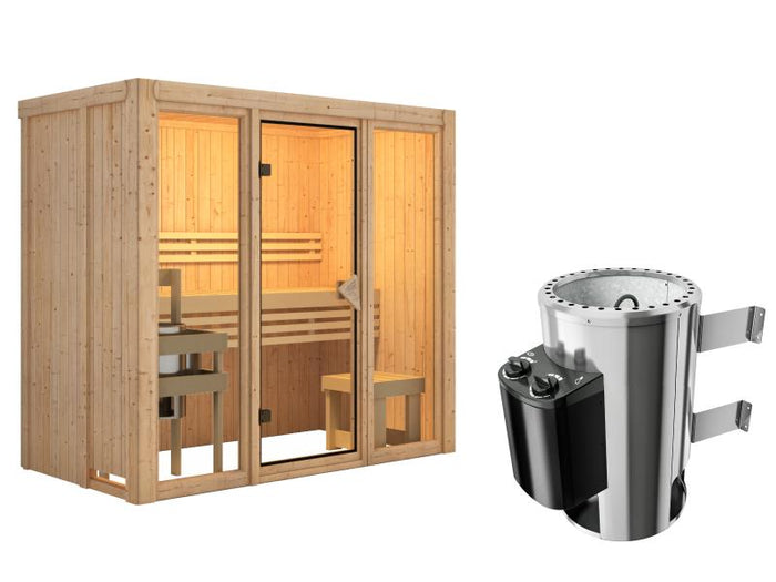 Karibu Sauna Avari 2 inkl. 3,6 kW Ofen intgr. Steuerung - ohne Dachkranz