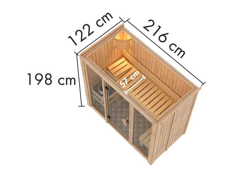 Karibu Sauna Avari 2 inkl. 3,6 kW Ofen intgr. Steuerung - ohne Dachkranz