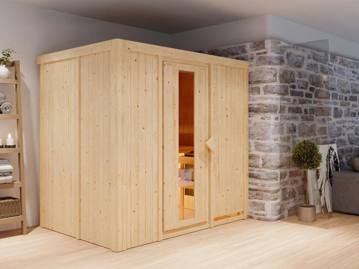 Karibu Sauna Bodin inkl. 9 kW Bioofen externer Steuerung, mit energiesparender Saunatür - ohne Dachk