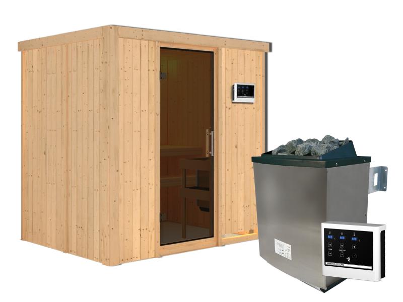 Karibu Sauna Bodin inkl. 9 kW Ofen ext. Steuerung,mit moderner Saunatür -ohne Dachkranz-