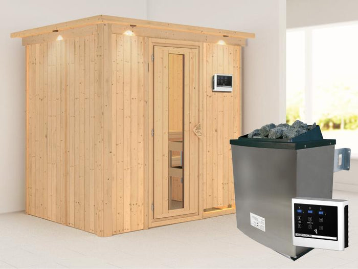 Karibu Sauna Bodin inkl. 9 kW Ofen ext. Steuerung, mit energiesparender Saunatür -mit Dachkranz-