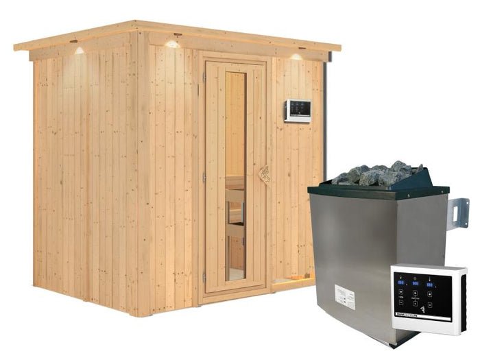 Karibu Sauna Bodin inkl. 9 kW Ofen ext. Steuerung, mit energiesparender Saunatür -mit Dachkranz-
