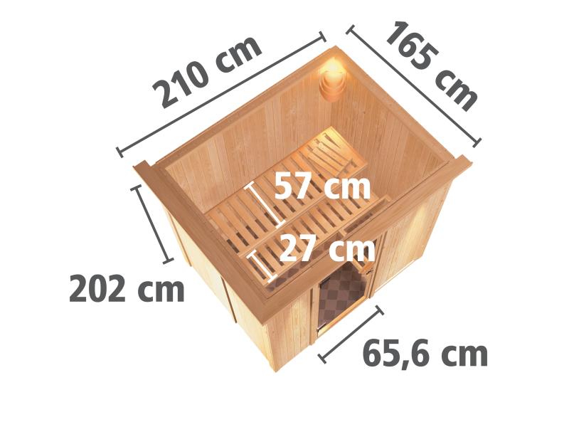 Karibu Sauna Bodin inkl. 9 kW Ofen ext. Steuerung, mit energiesparender Saunatür -mit Dachkranz-