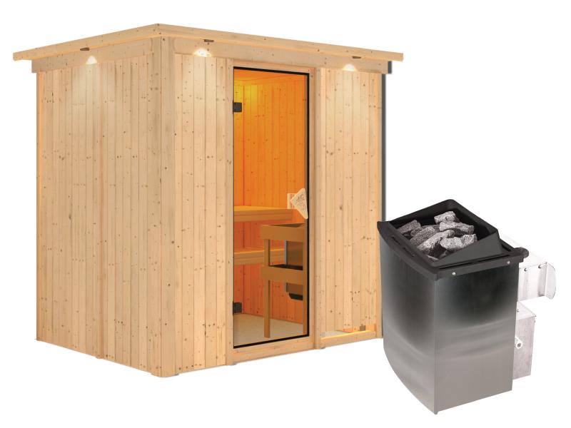 Karibu Sauna Bodin inkl. 9 kW Ofen integr. Steuerung, mit bronzierter Saunatür -mit Dachkranz-