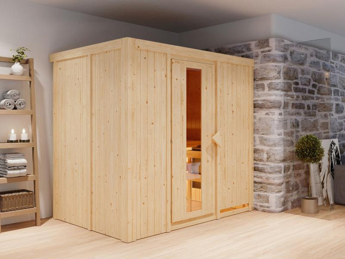 Karibu Sauna Bodin inkl. 9 kW Ofen integr. Steuerung, mit energiesparender Saunatür -ohne Dachkranz-