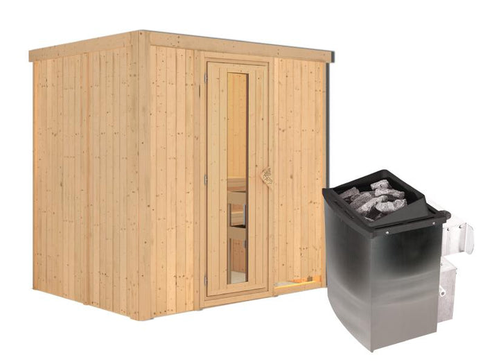 Karibu Sauna Bodin inkl. 9 kW Ofen integr. Steuerung, mit energiesparender Saunatür -ohne Dachkranz-