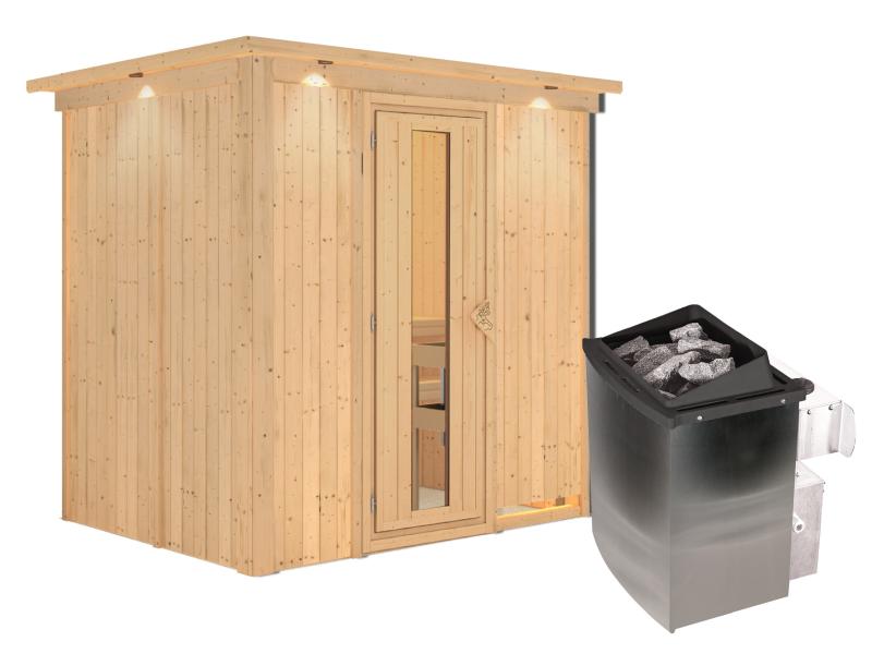 Karibu Sauna Bodin inkl. 9 kW Ofen integr. Steuerung, mit energiesparender Saunatür -mit Dachkranz-