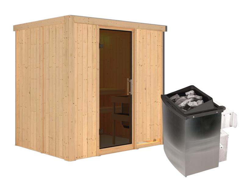 Karibu Sauna Bodin inkl. 9 kW Ofen integr. Steuerung, mit moderner Saunatür -ohne Dachkranz-