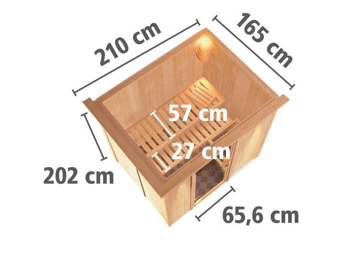 Karibu Sauna Bodin inkl. 9 kW Ofen integr. Steuerung mit moderner Saunatür -mit Dachkranz-