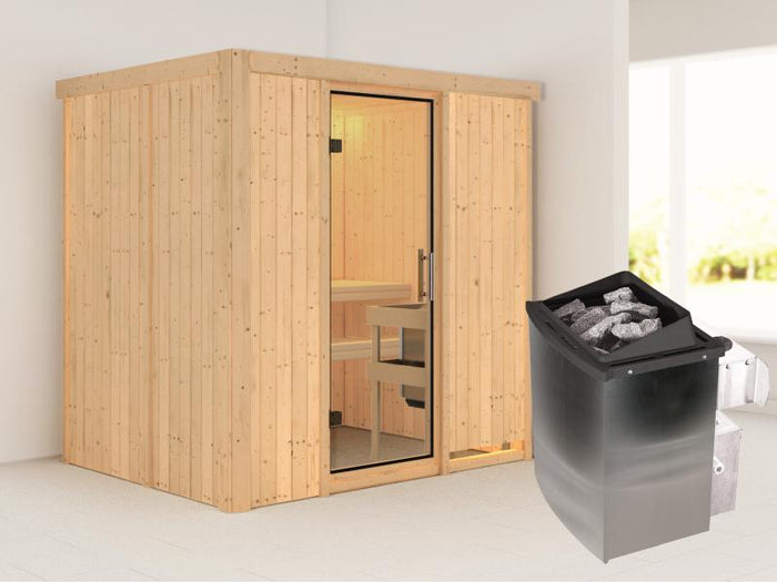 Karibu Sauna Bodin inkl. 9 kW Ofen mit integr. Steuerung, mit klarglas Ganzglastür -ohne Dachkranz-