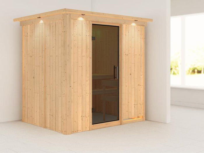 Karibu Sauna Bodin ohne Ofen, mit Dachkranz, mit moderner Saunatür