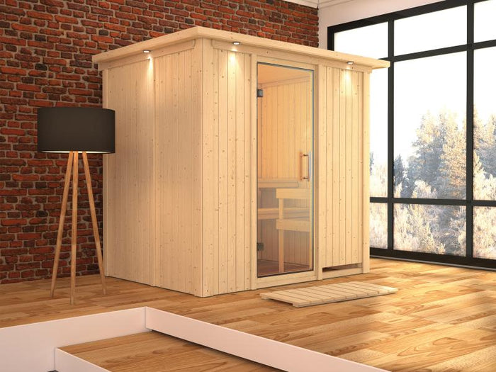 Karibu Sauna Bodin ohne Ofen, mit Dachkranz, mit Ganzglas Klarglastür