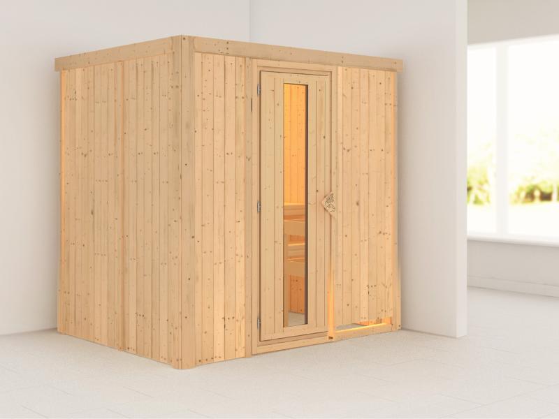 Karibu Sauna Bodin ohne Ofen, ohne Dachkranz, mit energiesparender Saunatür