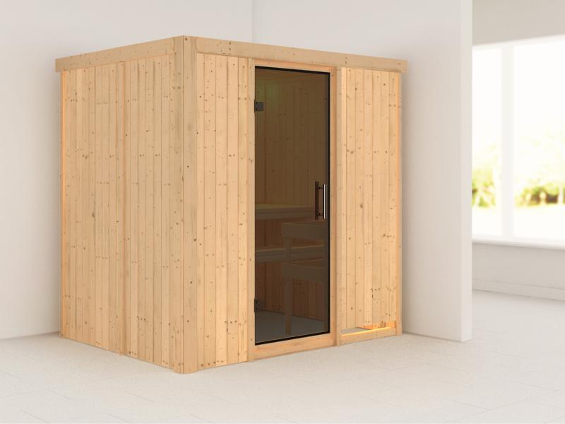 Karibu Sauna Bodin ohne Ofen, ohne Dachkranz, mit moderner Saunatür