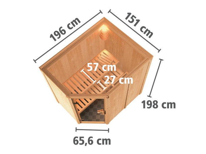 Karibu Sauna Carin inkl. 9 kW Bioofen ext. Steuerung mit bronzierter Ganzglastür - ohne Dachkranz -