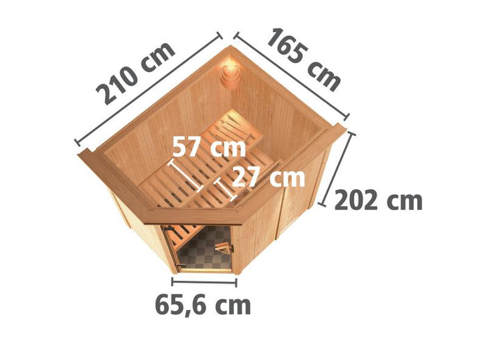 Karibu Sauna Carin inkl. 9 kW Bioofen ext. Steuerung mit energiesparender Saunatür - mit Dachkranz -