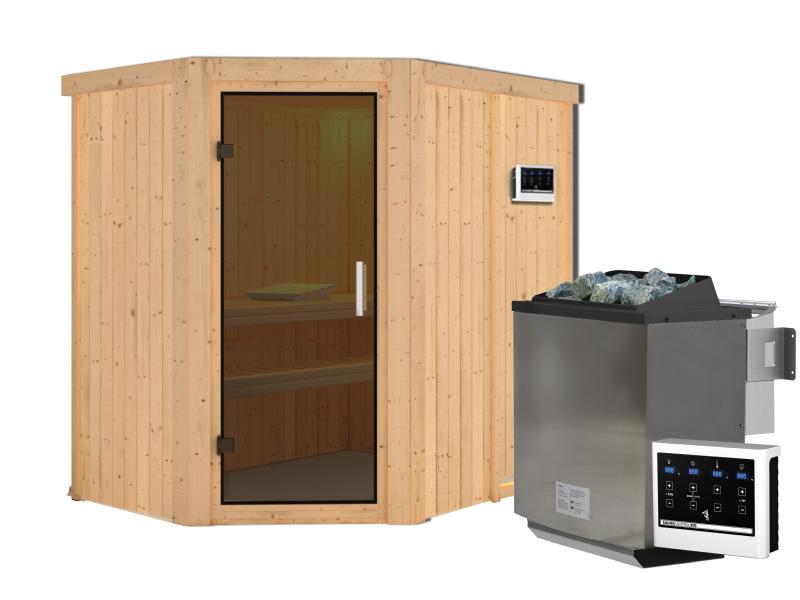 Karibu Sauna Carin inkl. 9 kW Bioofen ext. Steuerung mit moderner Saunatür - ohne Dachkranz -