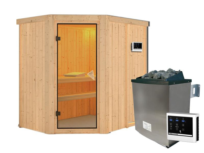 Karibu Sauna Carin inkl. 9 kW Ofen ext. Steuerung mit bronzierter Ganzglastür - ohne Dachkranz -