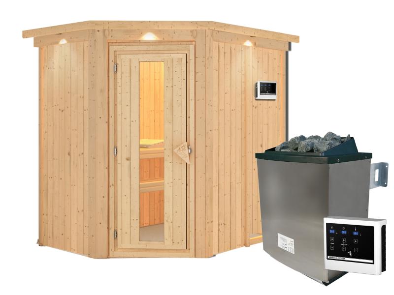 Karibu Sauna Carin inkl. 9 kW Ofen ext. Steuerung mit energiesparender Saunatür - mit Dachkranz -