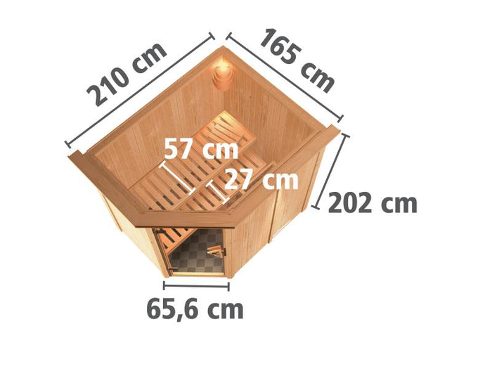 Karibu Sauna Carin inkl. 9 kW-Ofen integr. Steuerung mit bronzierter Ganzglastür - mit Dachkranz -