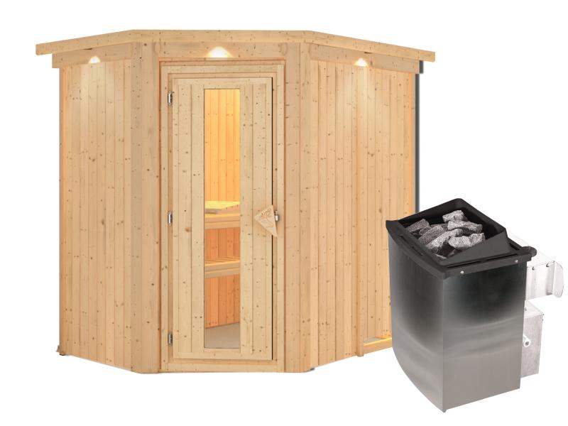 Karibu Sauna Carin inkl. 9 kW Ofen integr. Steuerung mit energiesparender Saunatür - mit Dachkranz -
