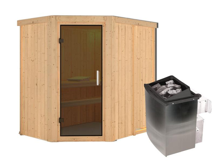 Karibu Sauna Carin inkl. 9 kW Ofen integr. Steuerung mit moderner Saunatür - ohne Dachkranz -