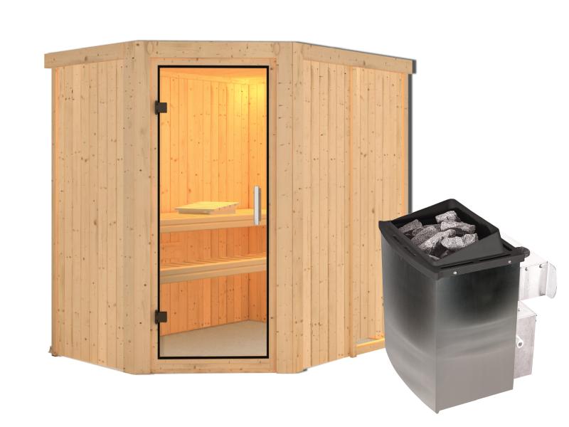 Karibu Sauna Carin inkl. 9 kW Ofen integr. Steuerung mit Klarglas Ganzglastür - ohne Dachkranz -